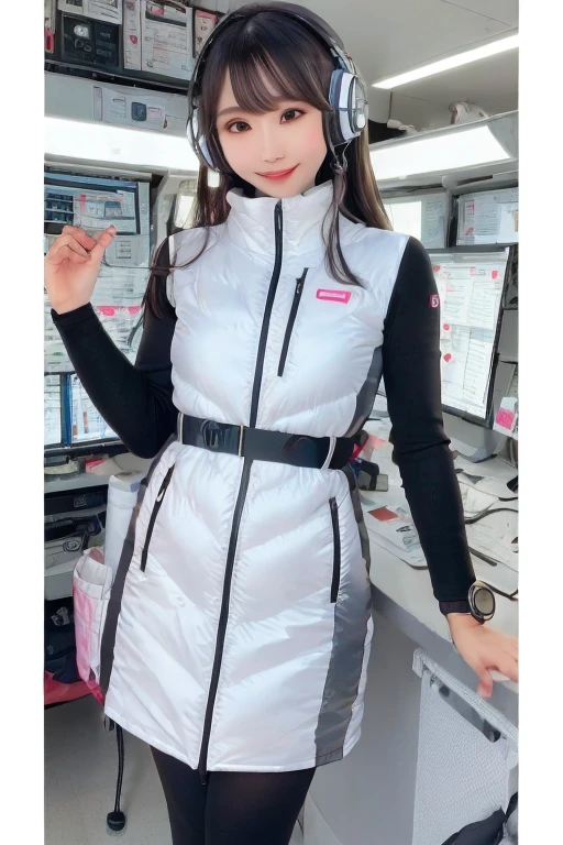 masterpiece, Highest quality, Very detailed, 8K Portrait,Japanese Android Girl,plump , Control panel,Robotic arms and legs, Blunt bangs,,break (Metallic Gray, Metallic luster, Mirror finish, Astro Best):5,headphone:5,break (Black sleeves):100,Smart Watches,Futuristic space station,Control Room,break headphone,blue eyes,(Black Hair):2,(Long Hair):1.3,Displaying the viewer,(respirator),break blush:3,Hidden Hand,smile