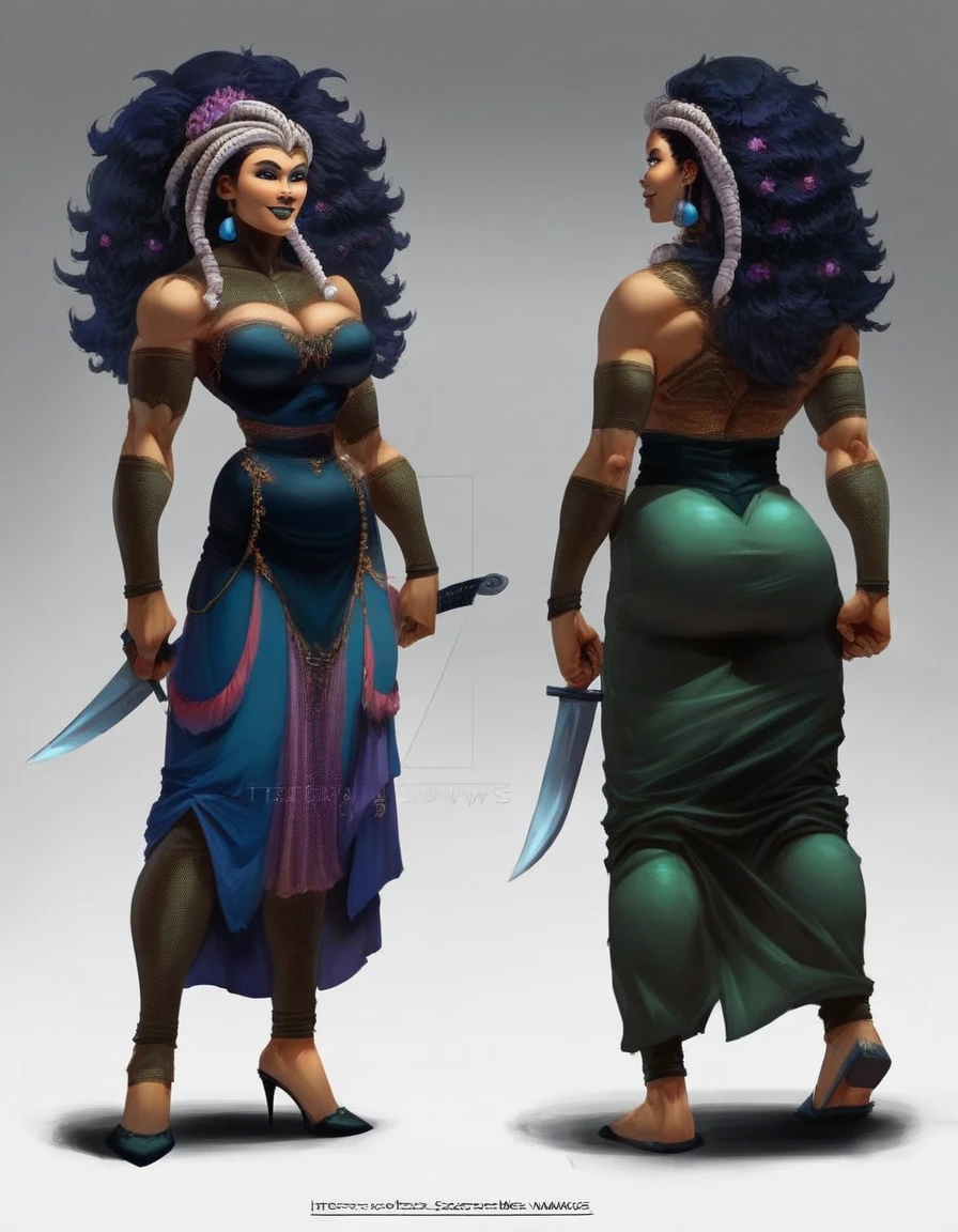 (masterpiece), (Best quality), (ultra detailed),(wild hair),(illustration), (1 girl), standing, a cartoon picture of a woman with a knife and a dress, commission for high res, jazza and rossdraws, oc commission, thicc, inspired by rossdraws, rossdraws and jazza, wlop rossdraws, rossdraws cartoon vibrant, unknown artstyle, full body portrait of a short!, game art!!, /!\ the sorceress