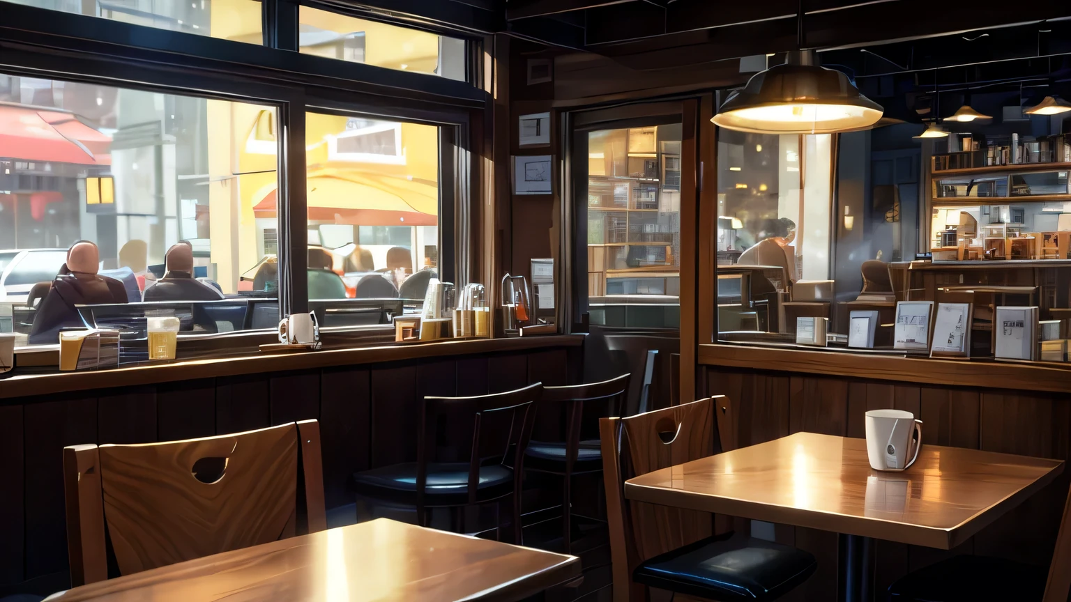A cozy small café with a large window overlooking a rainy street. Inside, the warm, soft lighting creates a relaxing atmosphere. There are a few tables with people quietly reading books and sipping coffee. On one table, a steaming cup of coffee sits next to an open book. Outside the window, raindrops are visible on the glass, and people with umbrellas are walking by. The barista behind the counter is making coffee, adding to the overall sense of warmth and comfort. The scene should have a lofi aesthetic, with muted colors and a slightly nostalgic feel.