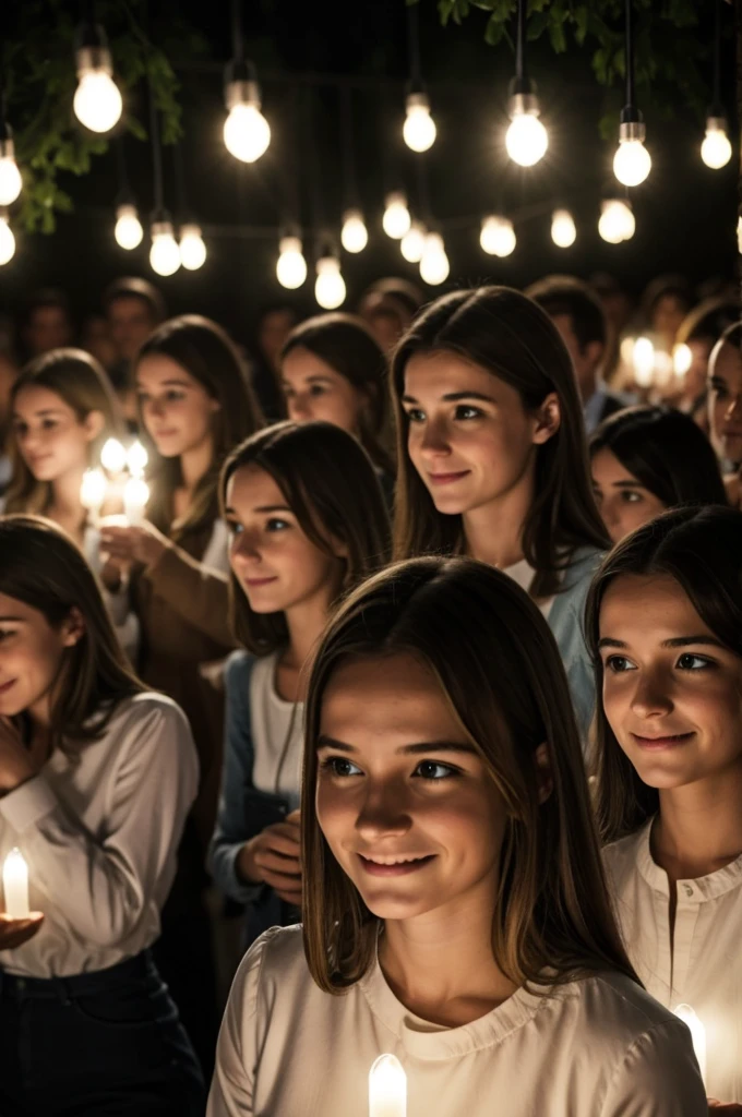 Image fantastique représentant des gens avec une lumière qui émane de leur poitrine et les rayons lumineux se rejoignent pour former un tissage lumineux
