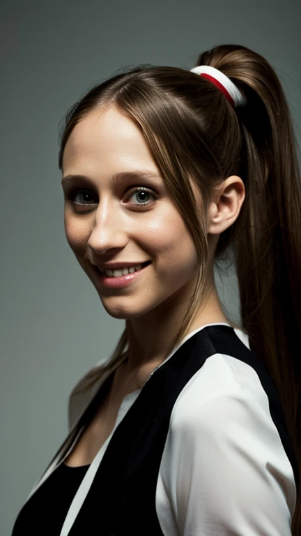 Taissa Farmiga with ponytail hair dressed as a sexy rider and a sexy smile.