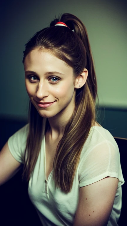 Taissa Farmiga with ponytail hair dressed as a sexy rider and a sexy smile.