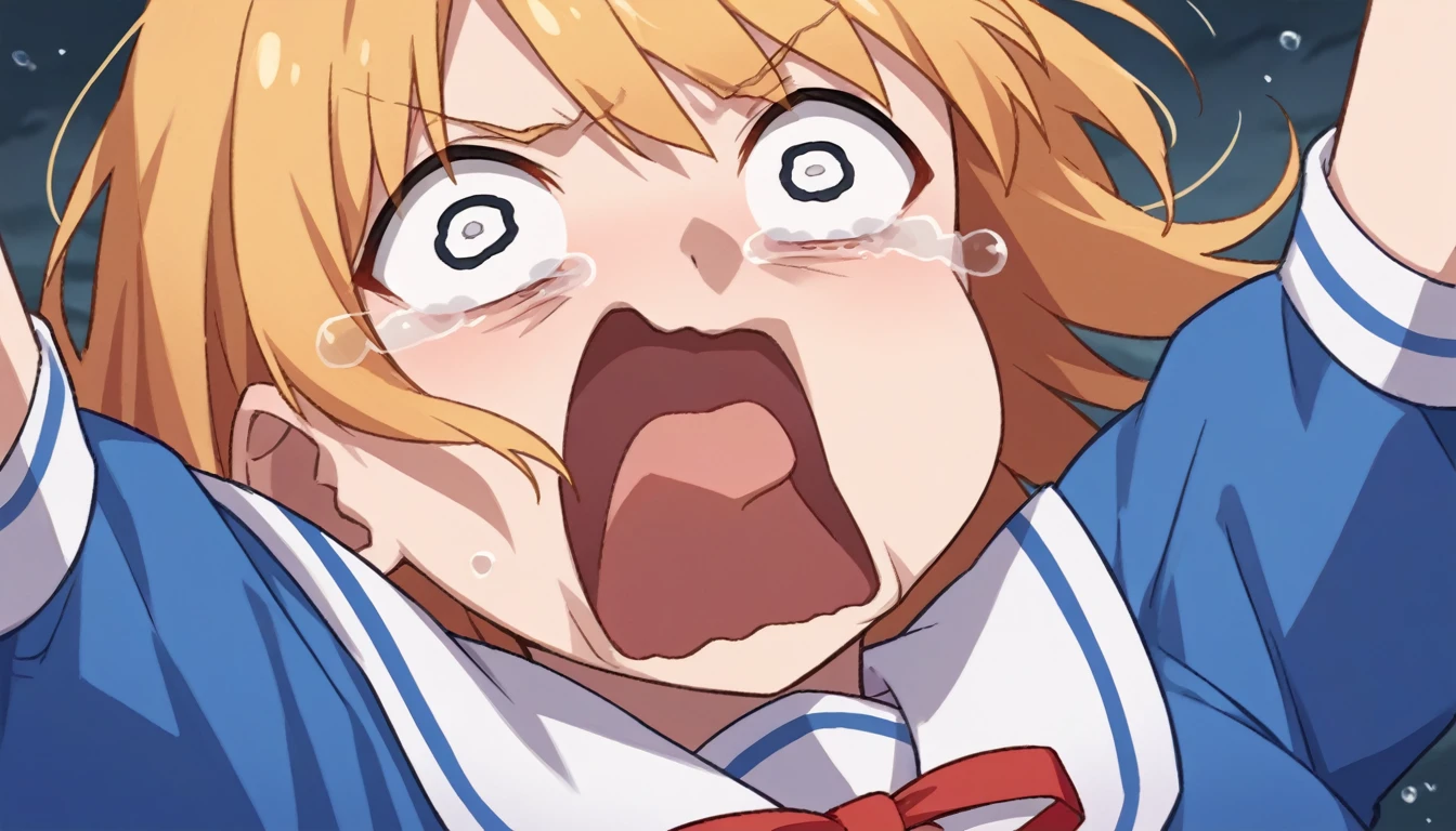 score_9, score_6_up, source_anime, 1girl, solo, upper body, aquascreaming, screaming, open mouth, crying with eyes open, gibi asmr,  blue dress, white sailor collar, neck ribbon, red ribbon