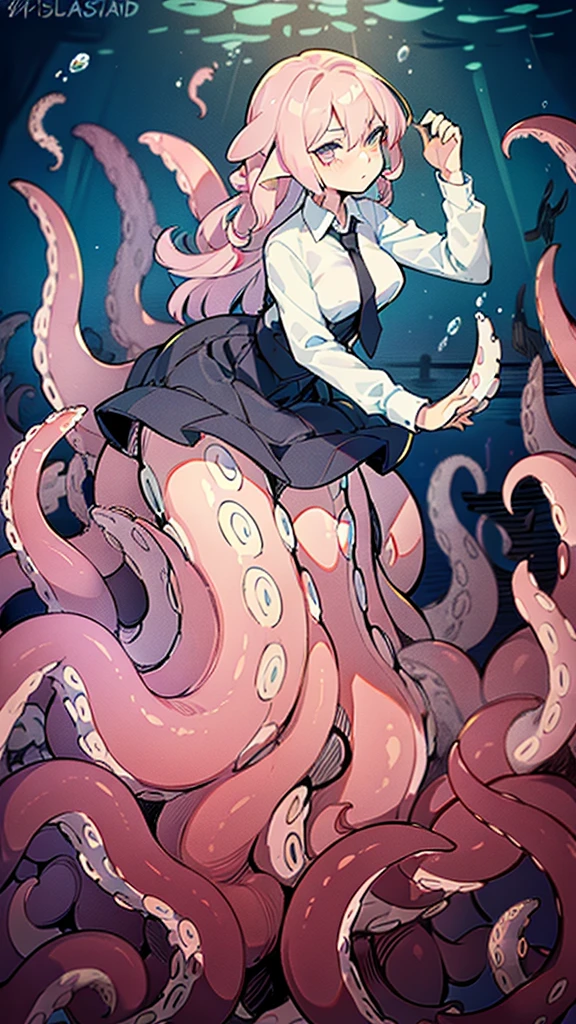 ((best quality)), ((highly detailed)), absurdres, (detailed eyes),1girl,20 years old,mature female,solo,long hair,pink hair,(((white shirt,black standart tie,black skirt))),dynamic pose, cowboy shot, (((scylla))), (((octopus girl))), standing, (tentacles:1.33), (suction cups:1.33), (fused:1.33), ((tentacle legs)), squidlegs, ((underwater,sea,night)),leaning forward, serious,