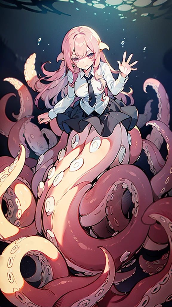 ((best quality)), ((highly detailed)), absurdres, (detailed eyes),1girl,20 years old,mature female,solo,long hair,pink hair,(((white shirt,black standart tie,black skirt))),dynamic pose, cowboy shot, (((scylla))), (((octopus girl))), standing, (tentacles:1.33), (suction cups:1.33), (fused:1.33), ((tentacle legs)), squidlegs, ((underwater,sea,night)),leaning forward, serious,