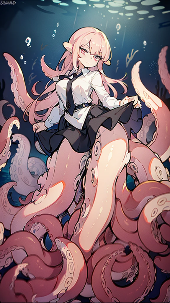 ((best quality)), ((highly detailed)), absurdres, (detailed eyes),1girl,20 years old,mature female,solo,long hair,pink hair,(((white shirt,black standart tie,black skirt))),dynamic pose, cowboy shot, (((scylla))), (((octopus girl))), standing, (tentacles:1.33), (suction cups:1.33), (fused:1.33), ((tentacle legs)), squidlegs, ((underwater,sea,night)),leaning forward, serious,