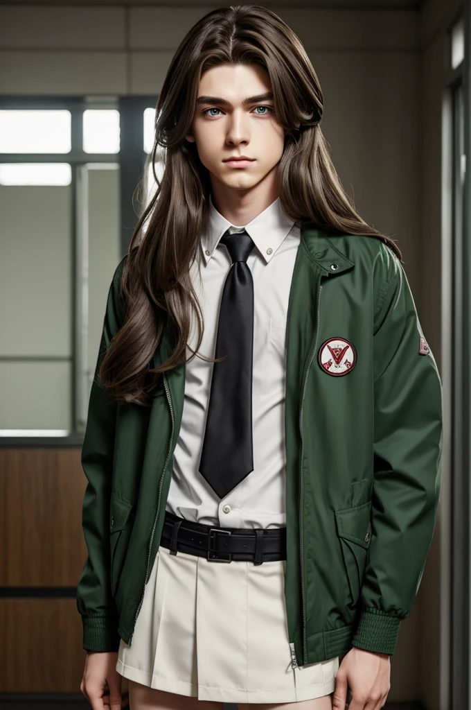 An anime boy who has long brown hair with a mullet cut down to his neck, He has pale skin with green eyes and long eyelashes.,  eyes and a slim build body, with a small waist and a frown, of clothing the uniform of a high school with a jacket tied at the waist 
