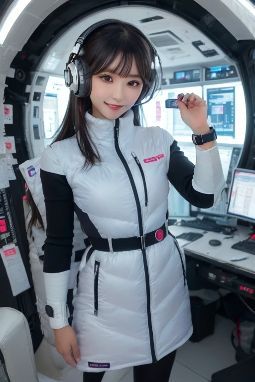 masterpiece, Highest quality, Very detailed, 8K Portrait,Japanese Android Girl,plump , Control panel,Robotic arms and legs, Blunt bangs,,break (Metallic Gray, Metallic luster, Mirror finish, Astro Best):5,headphone:5,break (Black sleeves):100,Smart Watches,Futuristic space station,Control Room,break headphone,blue eyes,(Black Hair):2,(Long Hair):1.3,Displaying the viewer,(respirator),break blush:3,Hidden Hand,smile