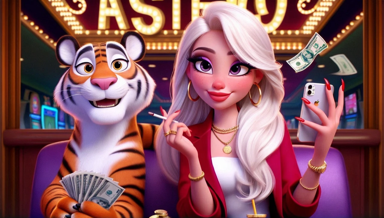 a beautiful woman with long black hair, full breasts wearing a short pink blouse, standing next to a tiger, in playng cinematic lighting, highly detailed, photorealistic, 8k, masterpiece, intricate details, dramatic colors, tiltshift lens effect, tattoo