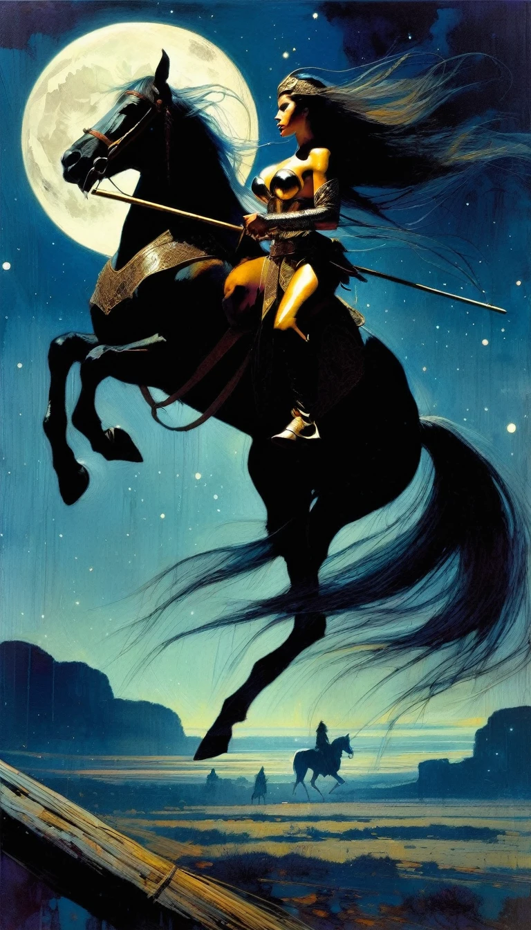 sexy warrior woman riding a horse carrying a wooden pole in one hand, moon night, large landscape (art inspired by Bill Sienkiewicz, intricate details, oil painting)