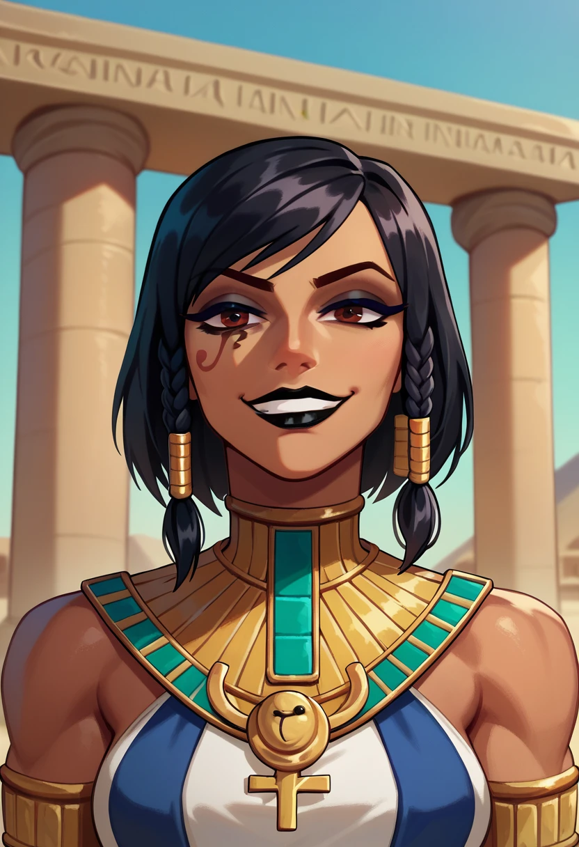 score_9, score_8_up, score_7_up, 1girl, solo, Pharah, brown eyes, (Eye of Horus), (black lipstick), portrait, smug, smirk, grin, Egyptian clothes, outdoors, Egyptian temple,