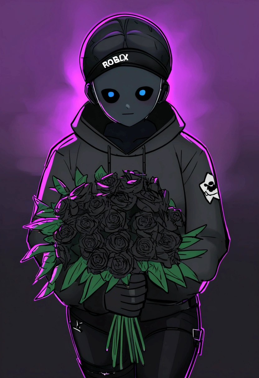 a close up of a person holding a bunch of flowers, roblox avatar, black roses, black rose, carrying flowers, by :5 sexy: 7, with flowers, holding flowers, roblox, 8 k highly detailed ❤🔥 🔥 💀 🤖 🚀, pitchblack skin, roblox screenshot, floralpunk, wearing a hoodie and flowers, heavily stylized, mechanic punk outfit