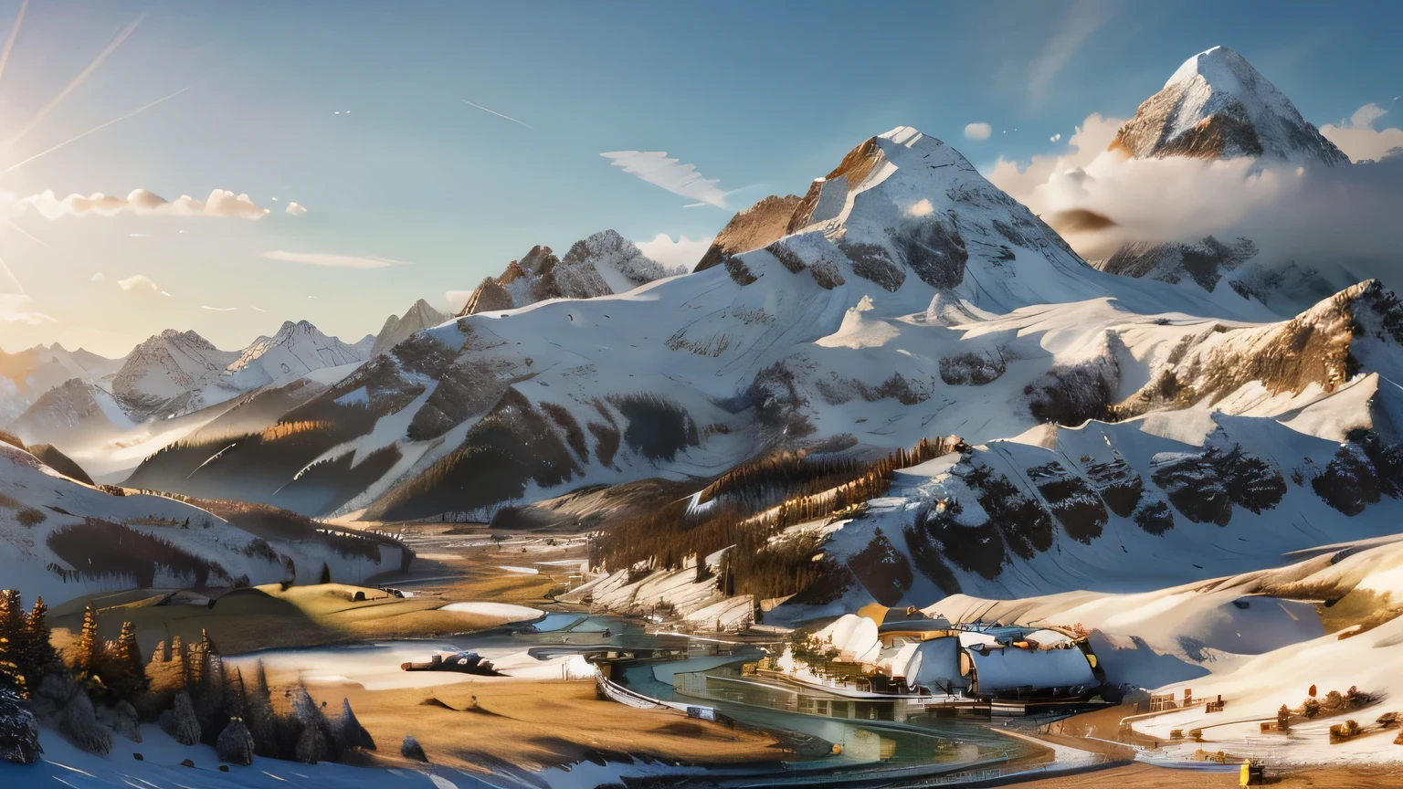 Snow-capped mountains and green prairies，flowers，suns，Bai Yun，blue sky，during daytime，rise sun，golden rays of sunlight， Highly detailed 8K digital art，Papel de parede de Rizhao Jinshan， Epic dreamscape， 4k hd matte digital painting， 8k hd wallpaper digital art
