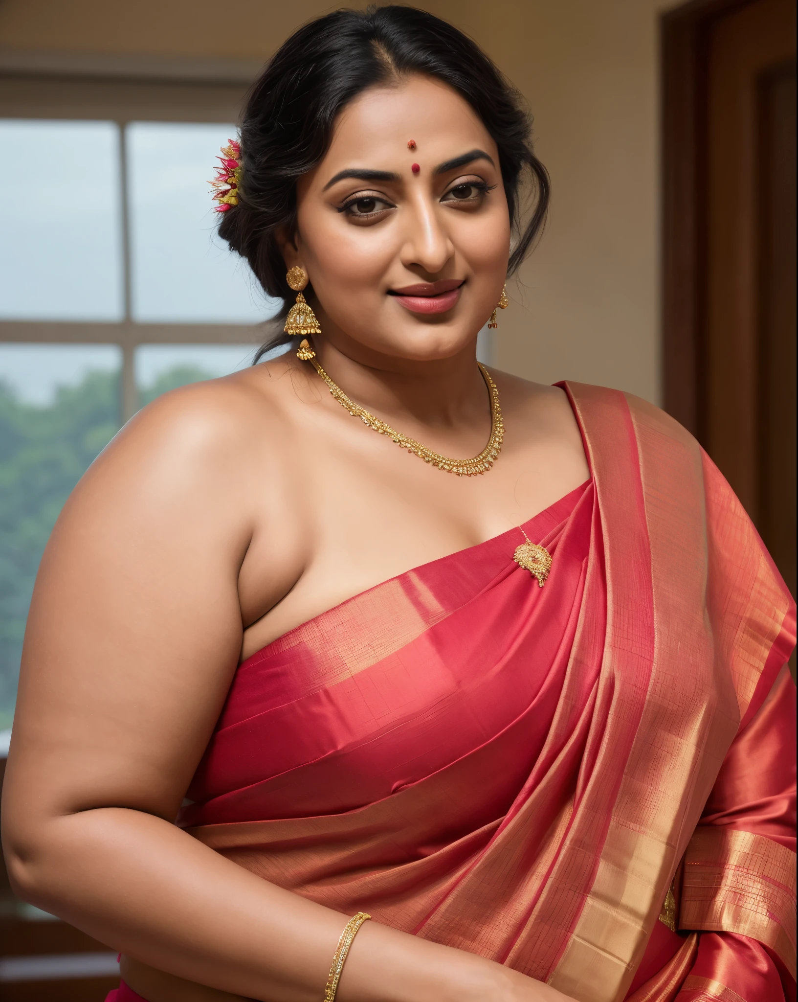 Foto RAW, photorealistic, photography, full body shot, 50 years old Woman, master shot, perfect eyes, goddess like beauty, pierced eyes, perfect thick chubby mallu Desi aunty bhabhi, Wearing a Stanapatta, a chest-band.Saree model, model Photography, Indian saree shoot, Indian traditional wear advertising photography, traditional wear brand shoot, face of Indian actress Sonakshi Sinha, masterpiece, realistic, realism, incredible details,  pleasure, photorealism, detailed skin, skin pores, high contrast, photorealistic Artstation 8k HD digital art trend of high definition and detailed realistic skin texture, ultra detail, realistic skin texture, armature, best quality, ultra high definition, (photorealistic:1.4),, high resolution, detail, raw photo, sweat, Re sharp, by Lee Jefferies Nikon D850 Film Stock Photo 4 Kodak Portra 400 Camera F1.6 Lens Rich Color Ultra Real Realistic Realistic Textures Dramatic Lighting Unreal Engine Trending at Art Station Cinestill 800,(pele altamente detalhada: 1.2), 8k UHD, DSLR, soft-lighting, alta qualidade, grain of film, Fujifilm XT3,she didn't like to wear blouse or bra, she is happy to wear only saree, she hates blouse or bra, detailed hairy armpits, hyper realistic skin, skin pores, sweat, veins, 