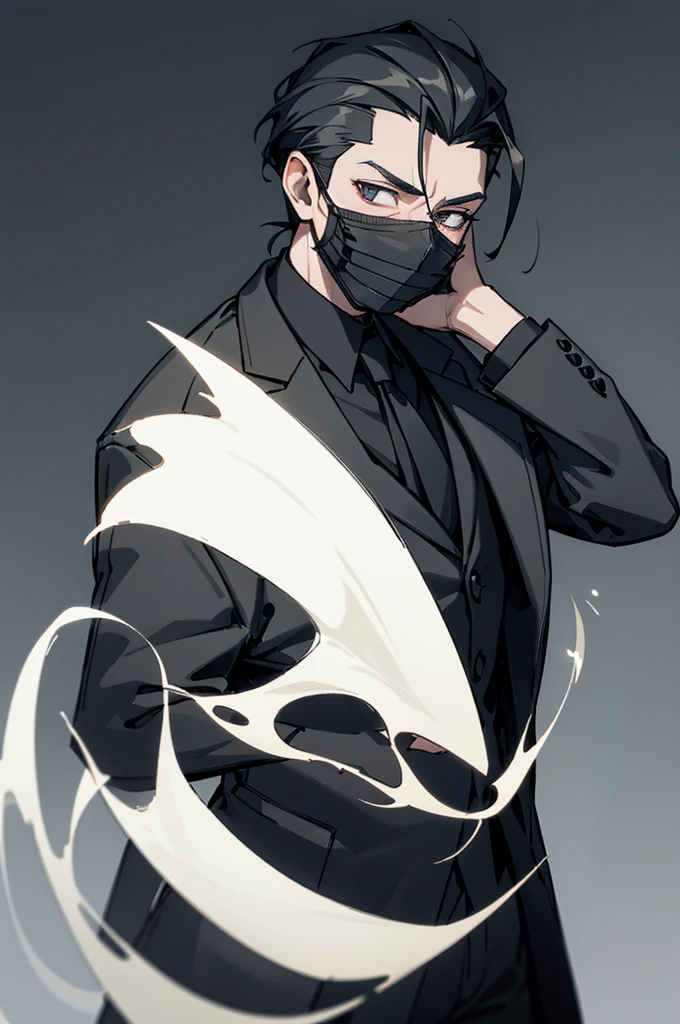 Young man, black hair, slicked back, black coat, black clothes, leather, mask, white mask, skull shaped mask, ‘x’ cut on mask.