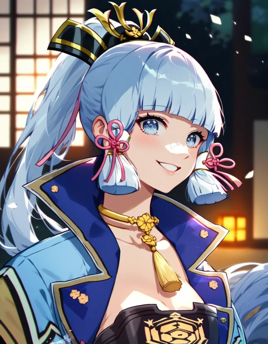 (masterpiece), (Best quality), (ultra detailed),(wild hair),(illustration), (1 girl), standing, smiling, beautiful detailed eyes, Light blue eyes, Detailed beautiful face, (Kamisato Ayaka: 1.2), focus on the face, ponytail, Kamisato Ayaka(Genshin influence), light blue hair, detailed hair, bang, better lighting, best shadow, very detailed, bright