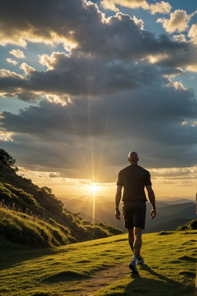 Tall Man, light brown skin, bald man with black beard, black dress, with shorts and muscular and hairy legs, with a lost look. Walking on a green mountain watching the sunrise, the sky is beautiful blue and sun rays in the distance.
