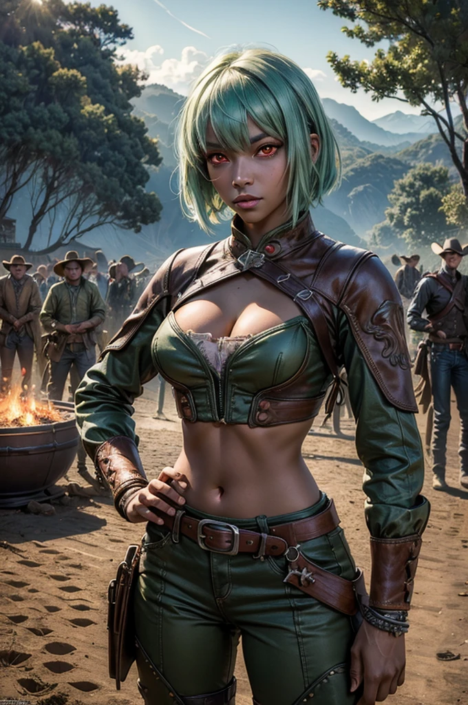 emeraldsustrai, emerald sustrai, short hair, (red eyes:1.5), (green hair), dark skin, dark-skinned female, navel, cleavage, midriff, belt, cleavage cutout, chaps, hands on hips, outdoors, military wedding, lavish wedding reception, on hillside, overlooking coast, sea, crowd, (crowd in military dress), (volumetric lighting),  intricate details, tonemapping, sharp focus, hyper detailed, (cowboy shot:1.5), BREAK (masterpiece:1.2), best quality, high resolution, unity 8k wallpaper, (illustration:0.8), (beautiful detailed eyes:1.6), extremely detailed face, perfect lighting, extremely detailed CG, (perfect hands, perfect anatomy),