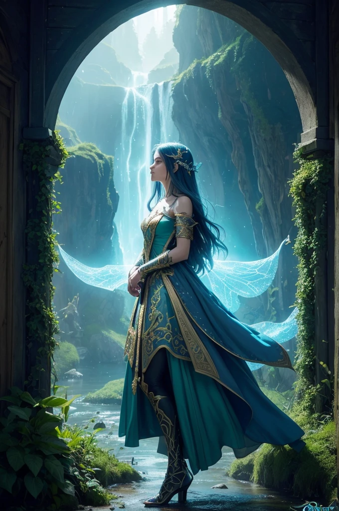 Create a movie poster with:
fund: A magical landscape with luminous rivers, enchanted forests and ancient castles in the background.
central figure: A young hero or heroine in fancy dress, in front of a mysterious glowing door, which seems to be the entrance to another world.
magic elements: sparks, mystical lights around the door, magical creatures in the background like dragons, fairies or mythological animals.
detaileds: Mystical symbols and runes engraved on the door, hinting at ancient and powerful secrets.
Featured Title: "River Plate: Rise of Power"
Smaller Subtitle: "The Next Door"
Tagline: "Discover the power that lies beyond the door"
Release Date: "Coming soon to theaters"
Dominant Colors: shades of blue, green and gold, conveying a magical and mysterious feeling.
styled: epic fantasy, with a touch of mystery and adventure. Use stylized and ornate fonts for the title and subtitle.
