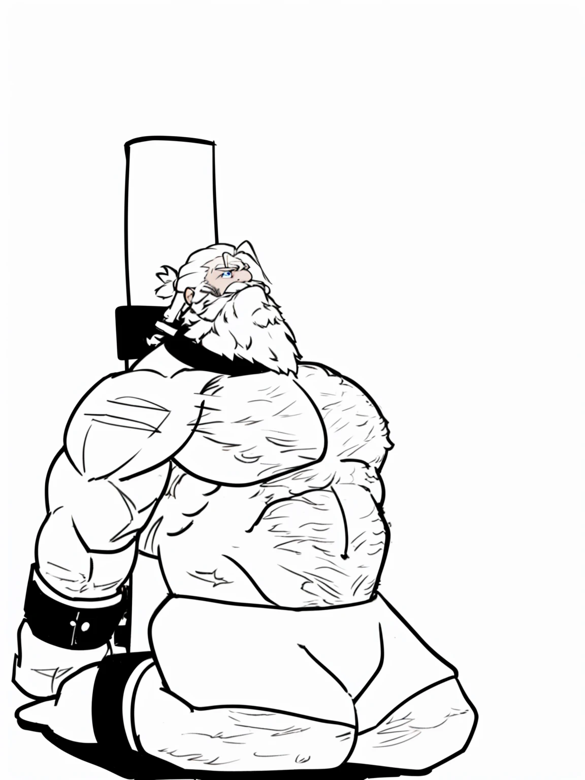 Solo, torso of white bearded shirtless ??????? old muscular man, his hands chained, gigachad muscular, longand fluffy beard, :: high detail, muscular!, super buff and cool, muscular! white, commission for high res, muscular!!, very buff, white eye brows, strong ?????, strong arms, large muscles, muscular, thick waist, big body, tall thick body, wet, wide body, ?????? appeal, big blue eyed, man bun hairstyle, chubby belly, white hairy ?????, sleeping, in the dark prison