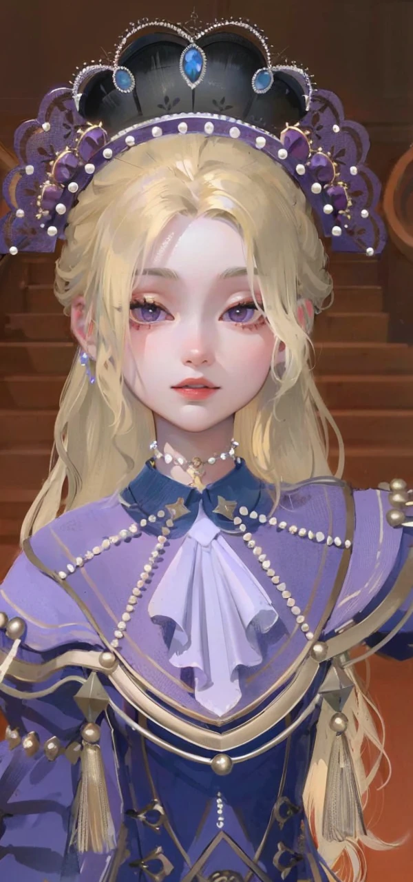 Best quality, masterpiece, pixiv, red eyes, hair white, long hair, red dress, stairs, high quality 4k, complete fingers, purple eyes, silver hair