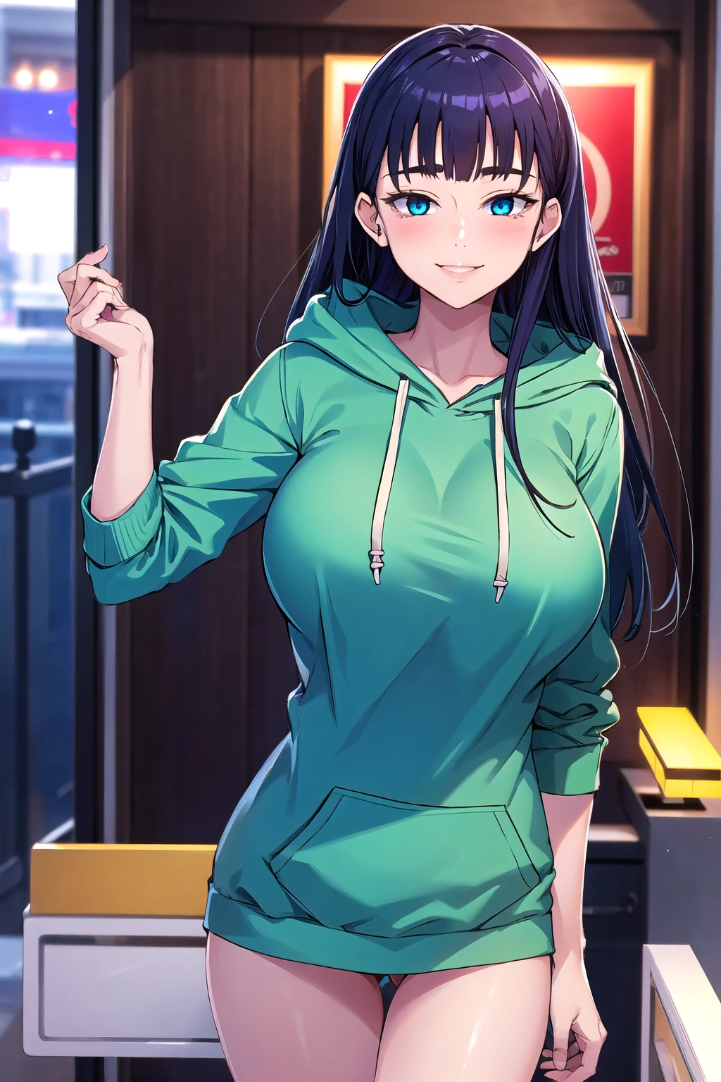 JooRidef, black hair, long hair, blue eyes, large breasts, 
1girl, solo, looking at viewer, smile,Large hoodie, no pants
masterpiece, best quality, standing up, 4k, ultra hd, masterpiece, wallpaper, 26 year old woman, mature womab,