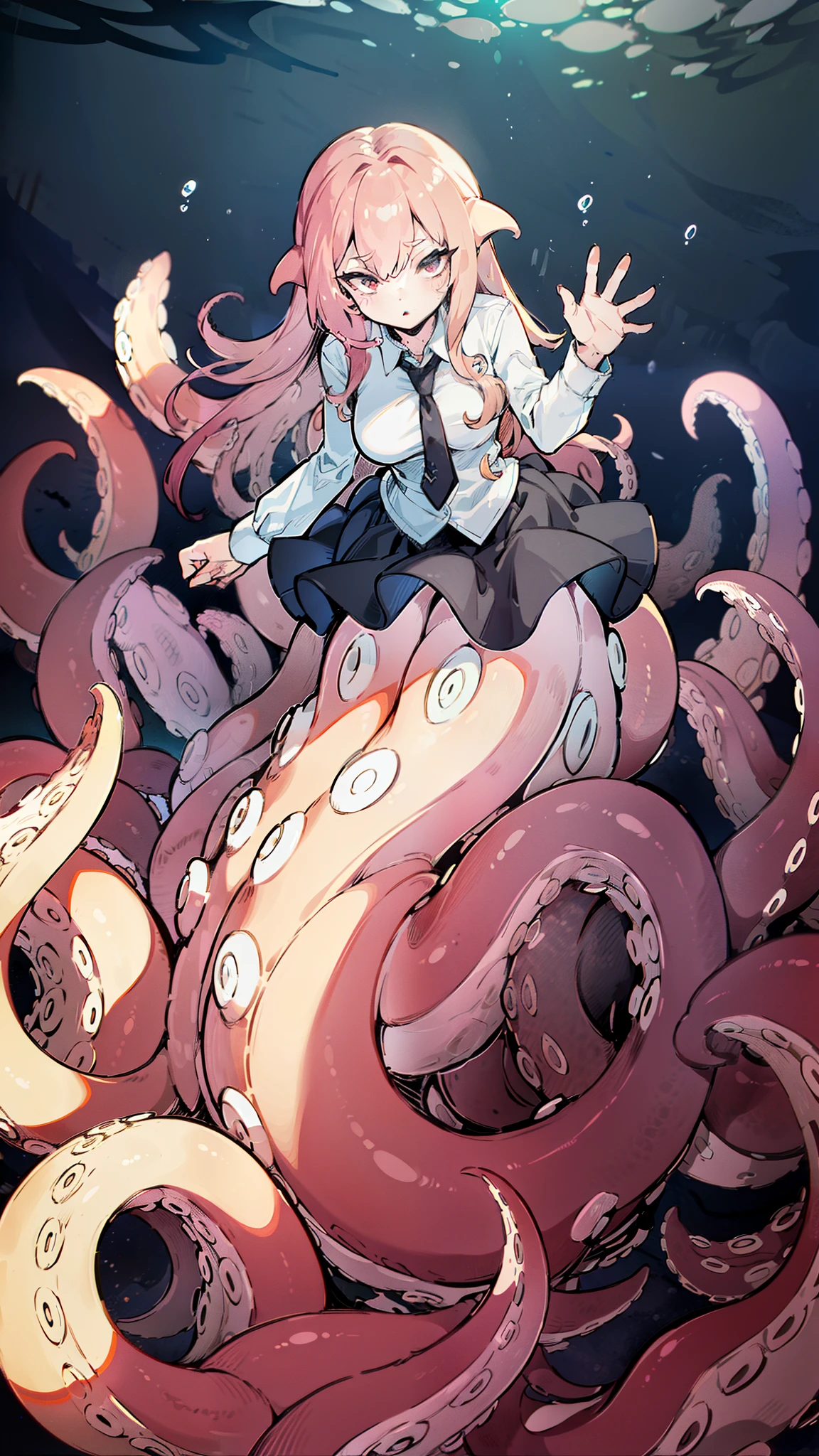 ((best quality)), ((highly detailed)), absurdres, (detailed eyes),1girl,20 years old,mature female,solo,long hair,pink hair,(((white shirt,black standart tie,black skirt))),dynamic pose, cowboy shot, (((scylla))), (((octopus girl))), standing, (tentacles:1.33), (suction cups:1.33), (fused:1.33), ((tentacle legs)), squidlegs, ((underwater,sea,night)),leaning forward, serious,