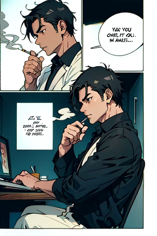 a businessman reading a newspaper in an office workplace, standing while resting his back on the side, back agaisnt a wall, side view, punk hair, smoking a cigarette
 <lora:Lab-Zero-game_Lora(PonyXL)captions2-000010:1.0>, anime artwork in lzg style, score_9, score_8_up, score_7_up, score_6_up, score_5_up, score_4_up