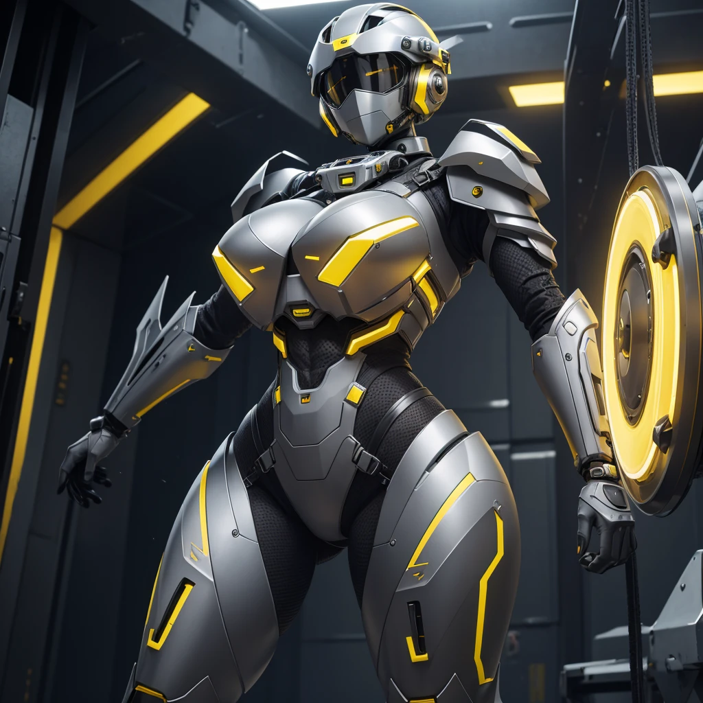 (masterpiece), (best quality), (high res) Solo, (perfect anatomy) Dronificated unknown woman , (enclosed gray full body heavy armor), (yellow lights), (yellow circular glowing core in the chest), (enclosed cyber helmet), mechanical wings, (yellow screen), huge breast, narrow waist, wide hips, thick thighs, in a storage, (no face) no face, (no hair), no mouth, no eyes, in a factory
