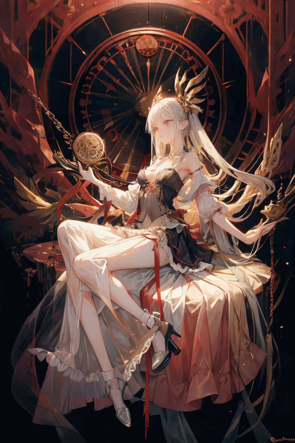  ((best quality)), ((masterpiece)), (detailed), 1girl, Character design, NSFW, scholarly  female, scholar, female scholar, educator, teacher, fortune teller, holding a large bell, carrying a large bell, ringing a large bell, bell,astrology, astrological symbolism, star reading, celestrial theme, heavens, heavens above, constellations, imposing, terrifying, biblical, blood magic, blood mage, dynamic poses, long white grey hair, grey white eyes, very skinny, detailed, best quality, prominent collarbones, skinny arms, flat stomach, visible hip bones, small breasts, full body, blank white background, plain background, white background, red and white clothing, Bloodborne inspired, occult aesthetic, occult, detailed and intricate steampunk and detailed gothic, NSFW, Fluttering lace flared long knee length dress with frilly petticoats, knee length dress, pleated petticoats, petticoats gothic, complex lace boots, gothic aesthetic, wielding a mighty sword with mechanical components, mandalas, small breasts, a fairy, various different types of insect wings, bug wings, beetle wings, NSFW, full body, whole body, body, chains, 