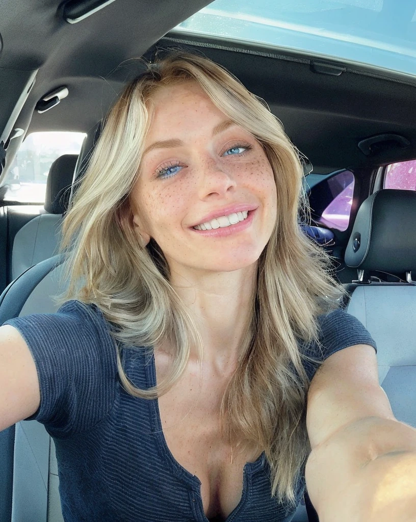 slim feminine figure, redhead, freckles, best quality, realistic skin texture, photography, detailed facial features, film grain texture and high contrast, extremely high-resolution details, photographic, photorealistic, hyper-realistic, HDR, masterpiece, ((short hair)), blue eyes, ((very thin waist)), sitting in her car, taking a selfie, smiling, cleavage