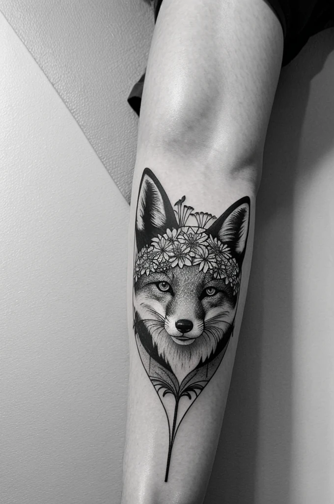 A fox wrapped in Spider Lily flowers, black and white tattoo style