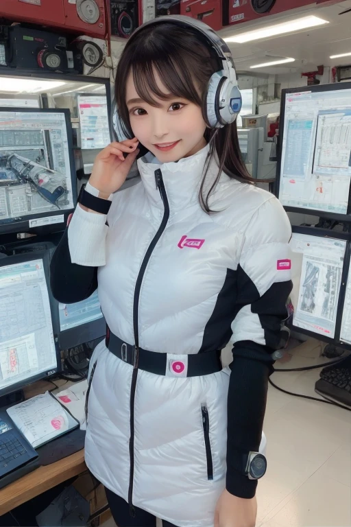 masterpiece, Highest quality, Very detailed, 8K Portrait,Japanese Android Girl,plump , Control panel,Robotic arms and legs, Blunt bangs,,break (Metallic Gray, Metallic luster, Mirror finish, Astro Best):5,headphone:5,break (Black sleeves):100,Smart Watches,Futuristic space station,Control Room,break headphone,blue eyes,(Black Hair):2,(Long Hair):1.3,Displaying the viewer,(respirator),break blush:3,Hidden Hand,smile