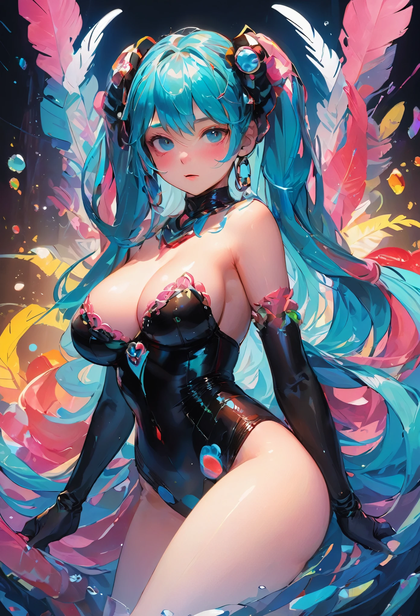 (Highest quality, 4K, 8K, High resolution, masterpiece:1.2), Very detailed, (Realistic, photoRealistic, photo-Realistic:1.37), expressive aesthetics, 1960s counterculture, Brightly colored humanoid, Psychedelic Art, Erotic art style, Sharp details, abstract pattern, , , , , , , love juice background, Fractal Art, Multicolored neon lights, A unique and trippy perspective, landscape, Hallucinations, a mind-changing experience, Motion Blur, Fluid movement, Synthesizer Sounds, Realistic fur rendering, Rich and vibrant color palette, , Mysterious glow, high contrast lighting, , ,, Both eyes are the same size, One Girl, alone, huge breasts, , , , wet, shiny skin, , , , , , , , Red cheeks, Shiny rosy lips, Sexy posture, Dynamic pose,Lens flare, hatsune miku, , cyan hair, ，Chest compressions, , , , , black pantyhose, , , drunken eyes, , , perky breasts, , , , , Sex slave, bondage, BDSM,([Wet:1.1|Mucus])