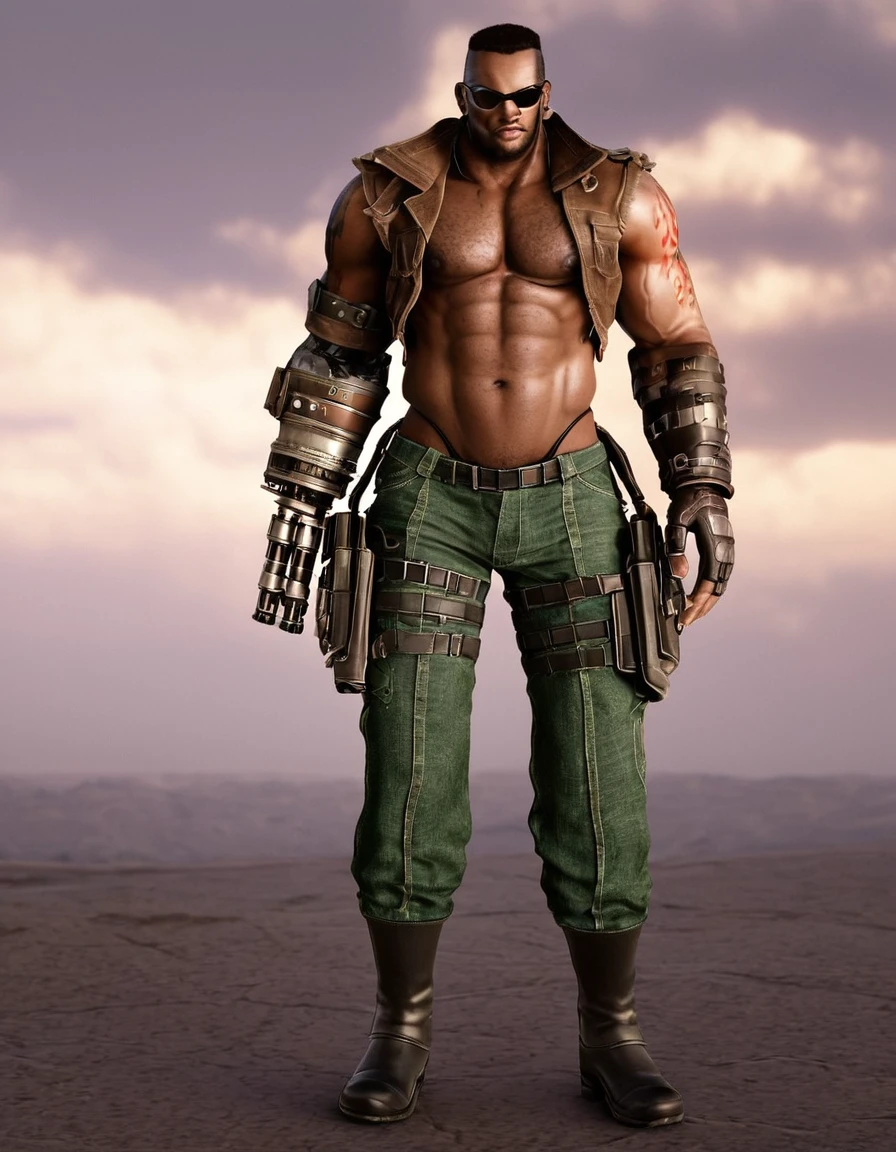 barret, dark skin male with gun arm and tattoo, sunglasses, shirtless , (( Machine G-string )) , full body , black boots