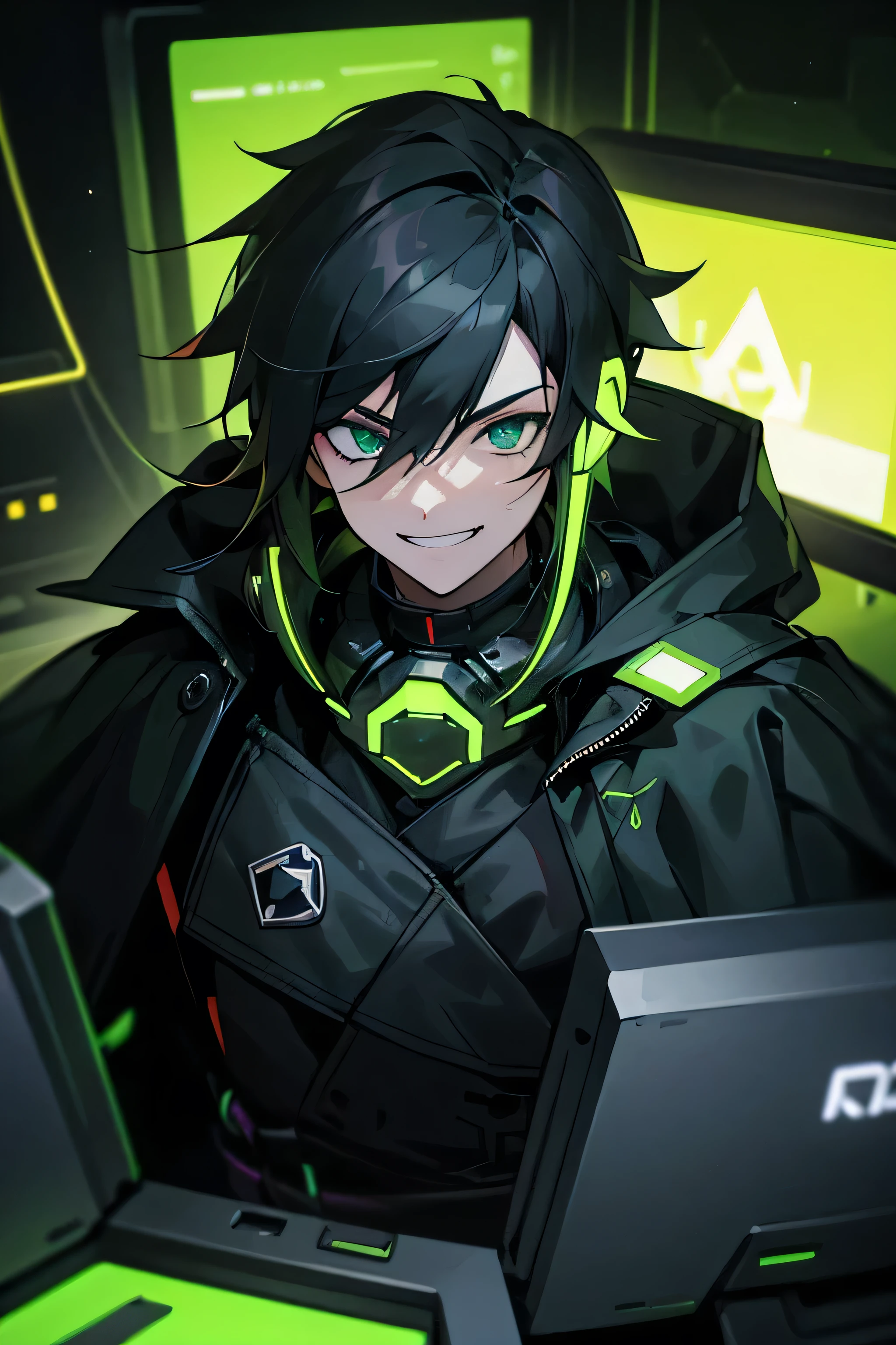 1 white boy, gamer, normal eyes, Bblack hair, done hair, green and black headset, Grinning, black greatcoat, darkness background, neon green lights in the background, room with green lights in the background, gaming computer in the background