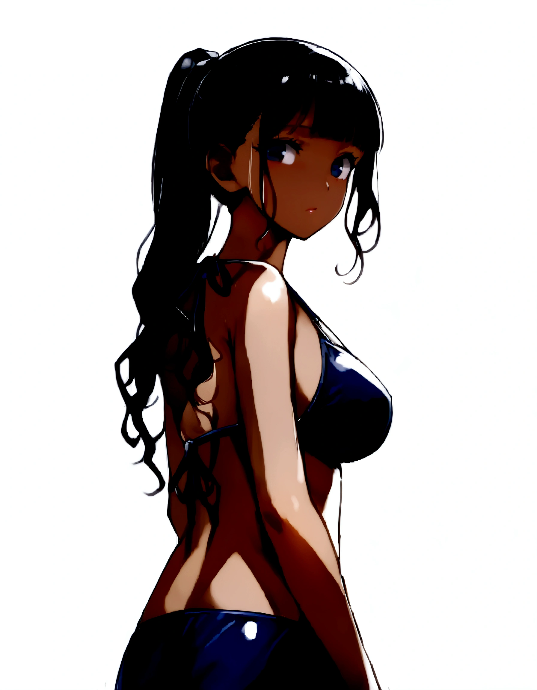 1 girl、Navy blue school swimwear,ponytail、blunt bangs、Black Hair、super fine illustration,(((beautiful fine hair))),(((beautiful fine face))),(((beautiful fine background))),Midsummer、beachBlack Hair、student、bikini、ponytail、blunt bangs、Cross-eyed