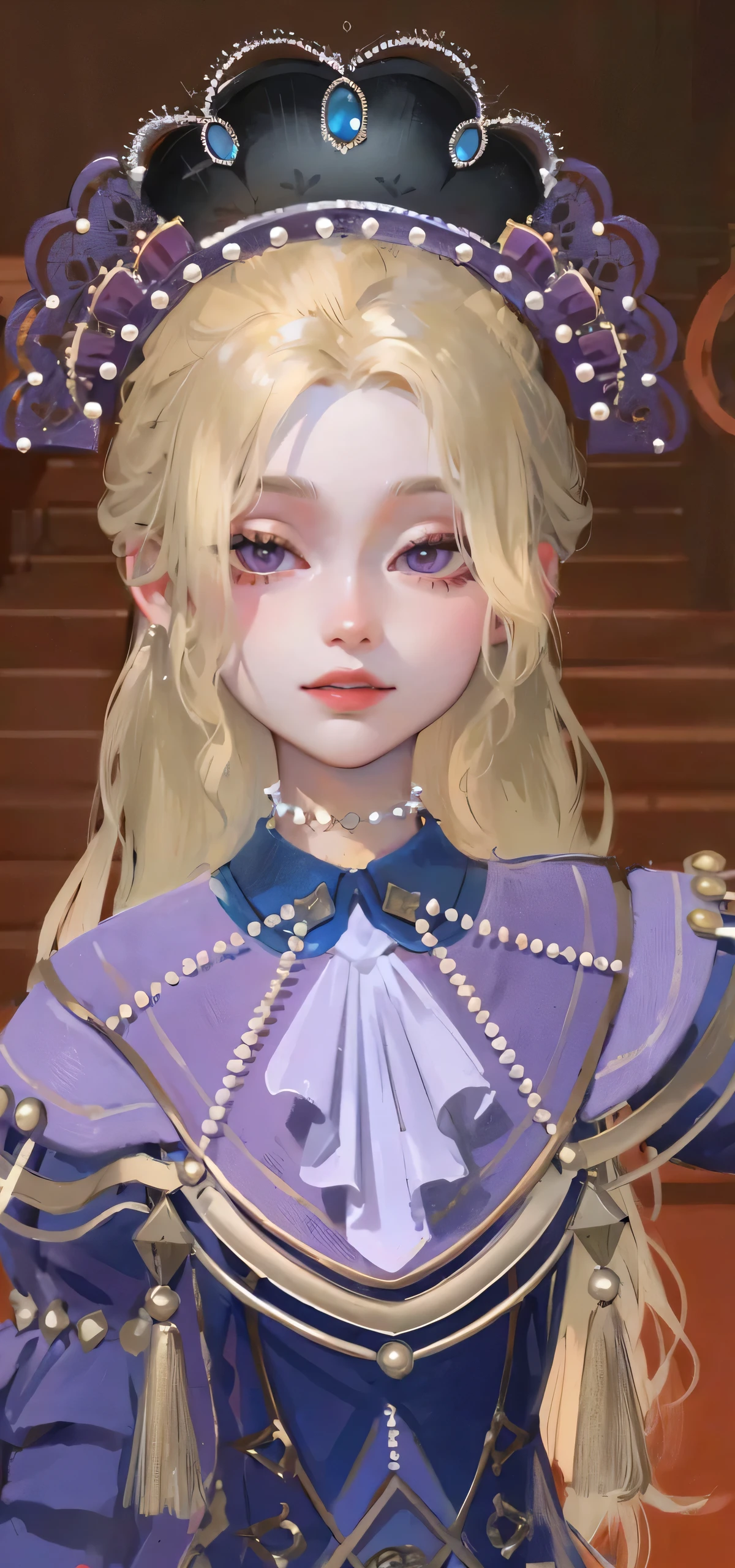 Best quality, masterpiece, pixiv, red eyes, hair white, long hair, red dress, stairs, high quality 4k, complete fingers, purple eyes, silver hair