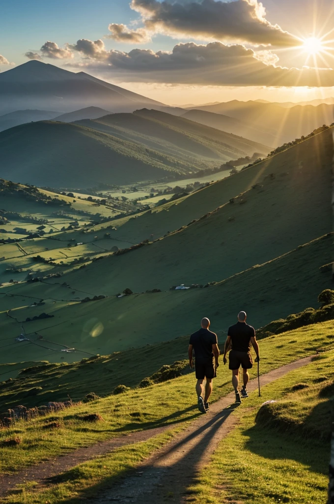 High profile man, light brown skin, bald man with black beard, black dress, with shorts and muscular and hairy legs,  with a lost look. Walking on a green mountain watching the sunrise, the sky is beautiful blue and sun rays in the distance.