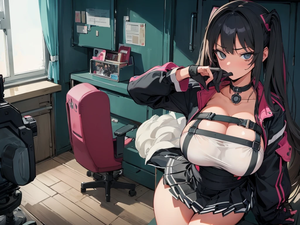 glaring、(Big Breasts)、curvy、(((((1 girl)))))、High-pressure poses、In a dark room、(older sister)、((owncast eyes))、wearing black gloves、Cover your mouth with your hands