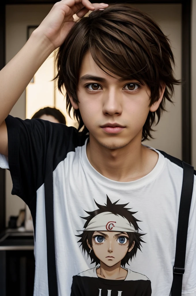 A boy Wavy and brown hair Brown eyes Nose and lip piercing T-shirt from death note the anime and let it be a selfie Delicate features and big eyes