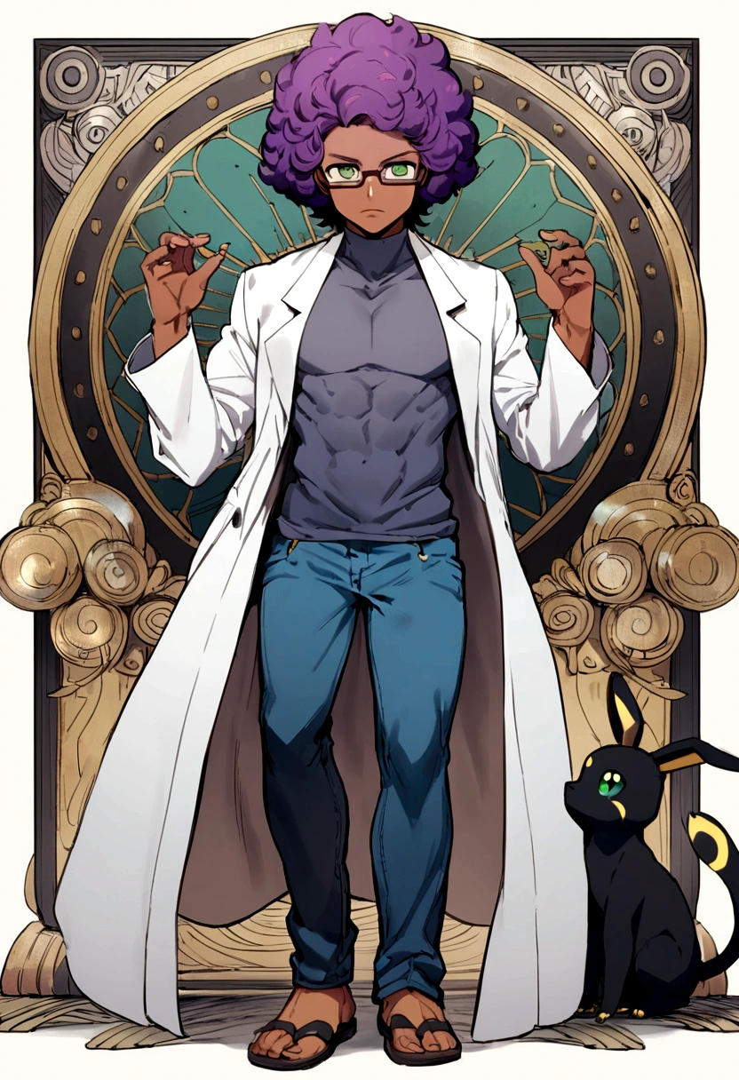 1man, 20s, strong body, latin, chin stubble, square face, tan skin, ((purple curly fluffy hair)), medium lenght hair, ((green eyes)), cool facial expression, (nice hands),  (grey turtleneck), lab coat, spectacles, jeans, sandals [pose with body turned in profile looking at viewer], determined facial expression, simple backgroun, accompanied by an Umbreon