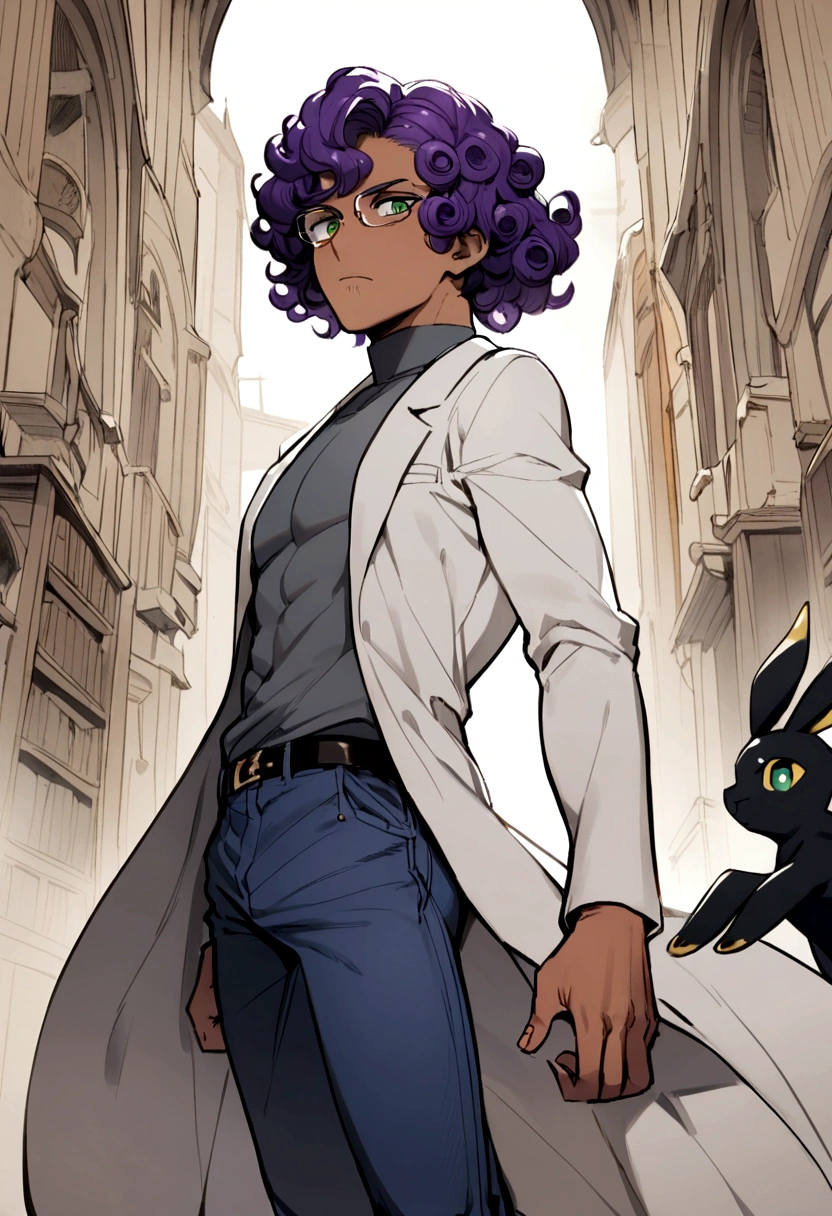 1man, 20s, strong body, latin, chin stubble, square face, tan skin, ((purple curly fluffy hair)), medium lenght hair, ((green eyes)), cool facial expression, (nice hands),  (grey turtleneck), lab coat, spectacles, jeans, sandals [pose with body turned in profile looking at viewer], determined facial expression, simple backgroun, accompanied by an Umbreon