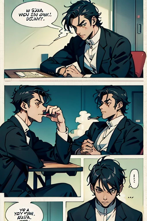 Guy with short black hair smoking and talking, manga page with panels and dialogue