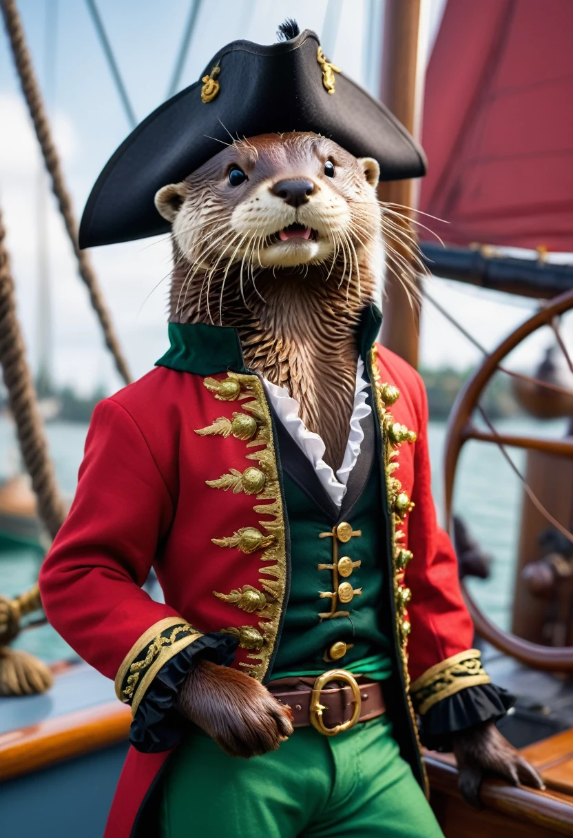 anthro otter, male otter, pirate, a hat with feathers, red jacket decorated with golden ornaments, black ruffled shirt, green pants, He has a slender rapier. smile, small fangs, dutch angle, chromatic aberration, depth of field, on a sailing ship --s 400 --niji 6 --style raw 