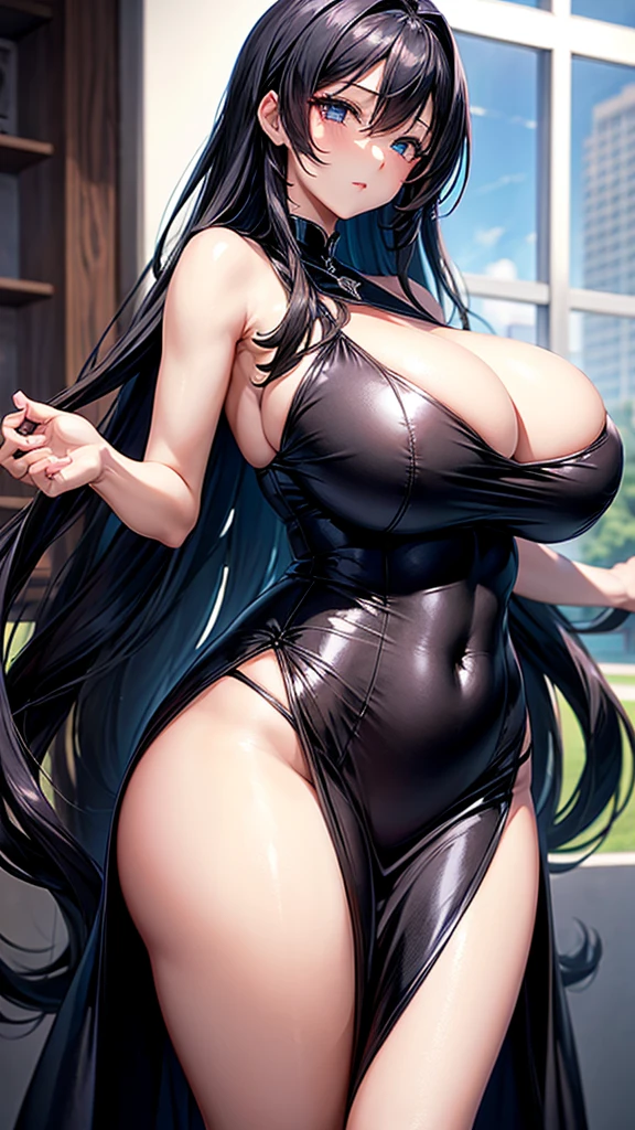  motherly anime girl with huge  and  figure in black dress with long shiny hair's, beautiful eyes