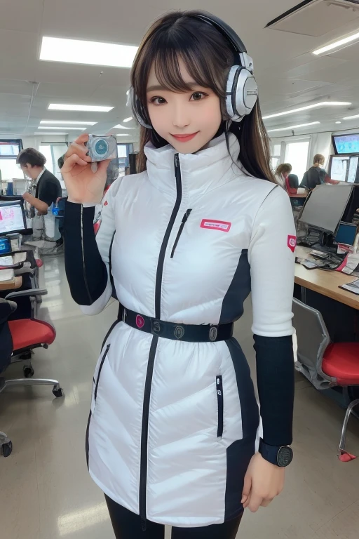 masterpiece, Highest quality, Very detailed, 8K Portrait,Japanese Android Girl,plump , Control panel,Robotic arms and legs, Blunt bangs,,break (Metallic Gray, Metallic luster, Mirror finish, Astro Best):5,headphone:5,break (Black sleeves):100,Smart Watches,Futuristic space station,Control Room,break headphone,blue eyes,(Black Hair):2,(Long Hair):1.3,Displaying the viewer,(respirator),break blush:3,Hidden Hand,smile