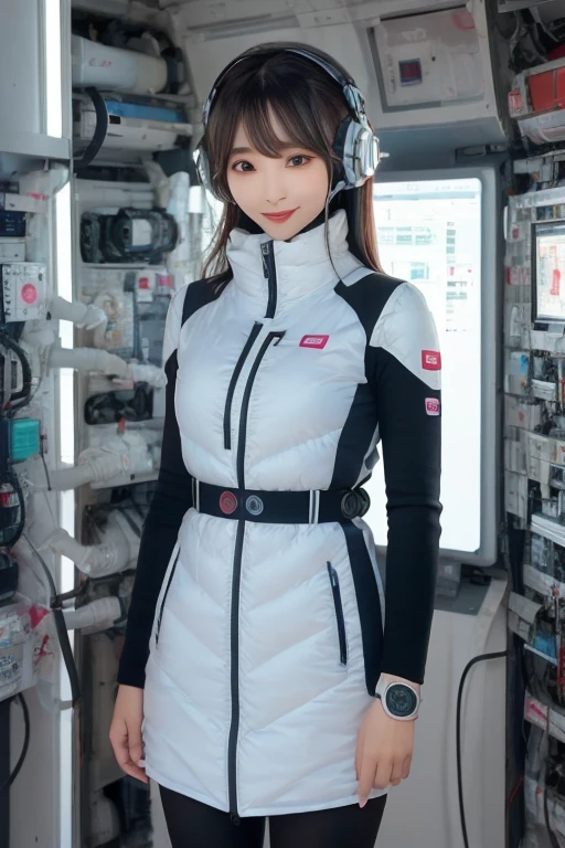 masterpiece, Highest quality, Very detailed, 8K Portrait,Japanese Android Girl,plump , Control panel,Robotic arms and legs, Blunt bangs,,break (Metallic Gray, Metallic luster, Mirror finish, Astro Best):5,headphone:5,break (Black sleeves):100,Smart Watches,Futuristic space station,Control Room,break headphone,blue eyes,(Black Hair):2,(Long Hair):1.3,Displaying the viewer,(respirator),break blush:3,Hidden Hand,smile