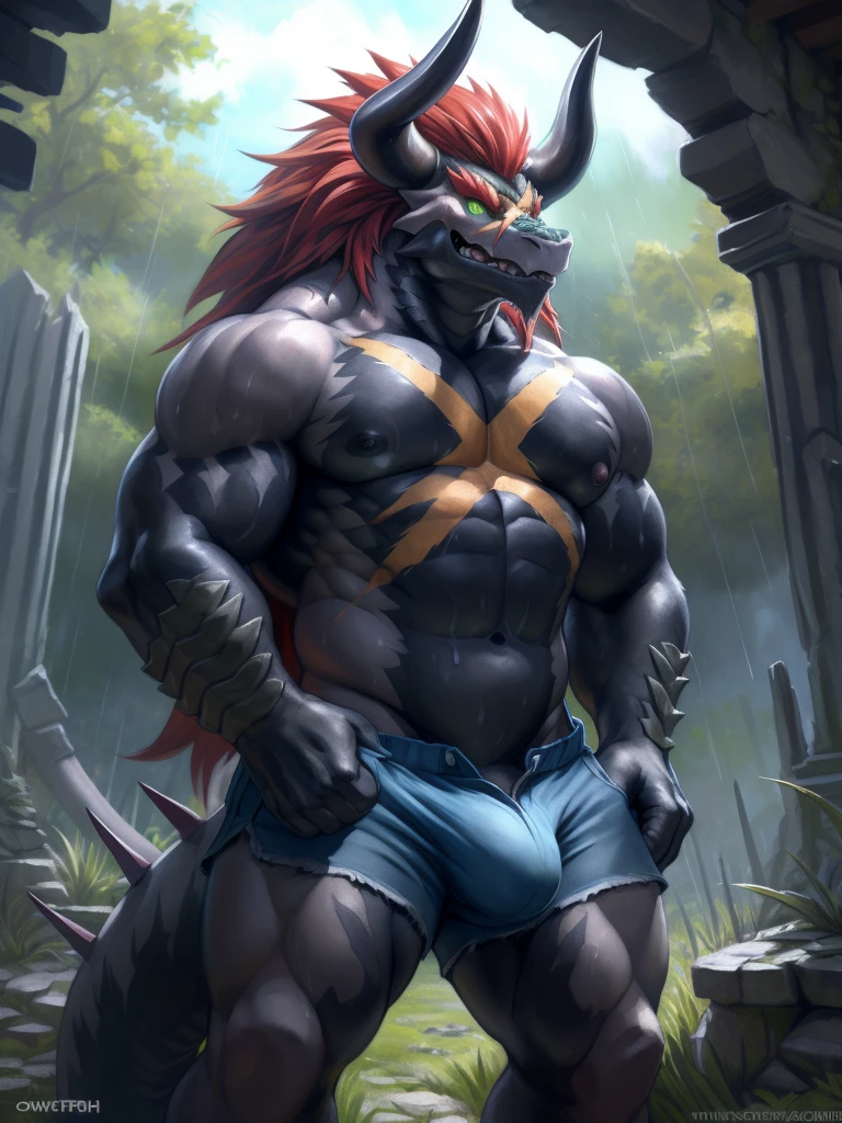 solo, breath (ultra detailed), a beautiful and detailed full size portrait of a male anthro batzz, demon lord dragon batzz, dragon tail, green eyes, glowing eyes, black body, black skin, long hair, red hair, horns, scar, tail, bedroom eyes, detailed eyes, big body, sexy body, (wide body). goddess, kenket, Ross Tran,ruan jia, trending on artstation,foxovh, cenematic lighting, buff, big pecs, muscular anthro, spike arms, strong legs, ((big pecs, nipples, big pecs, blue shorts, bulge))), day, wet, front view, standing, arms crossed, blush, angry, erection, sexy, vip, ruins, sweating, raining, woods,