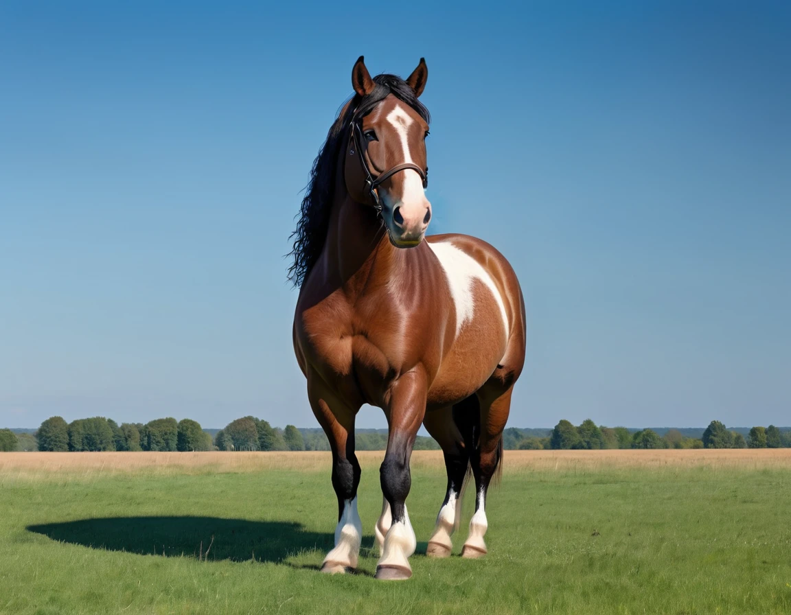 big fat Belgian draft horse  mare. massive bum. very short tail. horse facing horizon . very full figured, very dark skinned, ,  African woman riding horse. flat grass meadow. a  single huge  pile of steaming horse dung behind horse.   cloudless blue sky. 